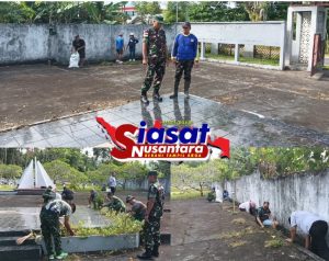 Jelang HUT RI Ke-80, Kodim 1301/Sangihe Bersama Dinas Sosial dan Masyarakat Bersihkan Taman Makam Pahlawan Tahuna
