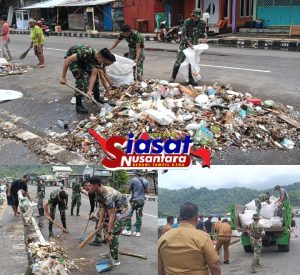Kodim 1301/Sangihe Bergotong Royong Bersihkan Sampah Sepanjang Jalan Tidore, Akibat Ombak Besar yang Disertai Air Pasang