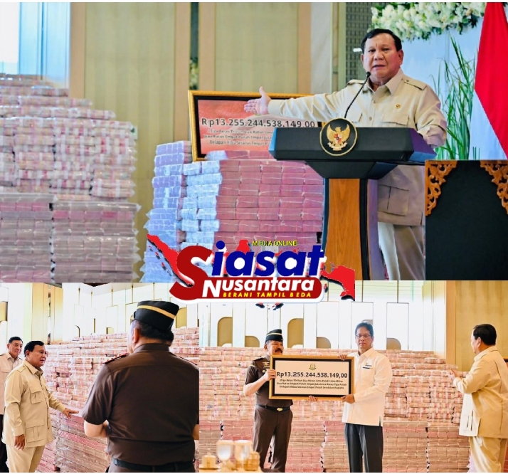 Presiden Prabowo Subianto Saksikan Langsung Penyerahan Uang Pengganti Kerugian Negara Senilai Rp13,225 Triliun di Gedung Kejaksaan Agung