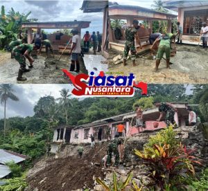 TNI bersama Pemerintah dan Warga Bira Kiama Gotong Royong Bersihkan Longsor dan Bangun Tanggul Penahan Tanah